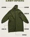 Military green hooded waterproof long cover-up with zipper opening and closing, double side pockets, adult kitchen cleaning, factory moving, dust-proof labor protection work clothes, military green hooded waterproof cover-up, long zipper dust-proof apron Specification image